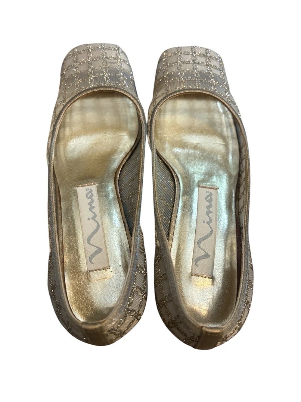 Nina Gold Metallic Embroidered Square-Toe Flats Sz 7
